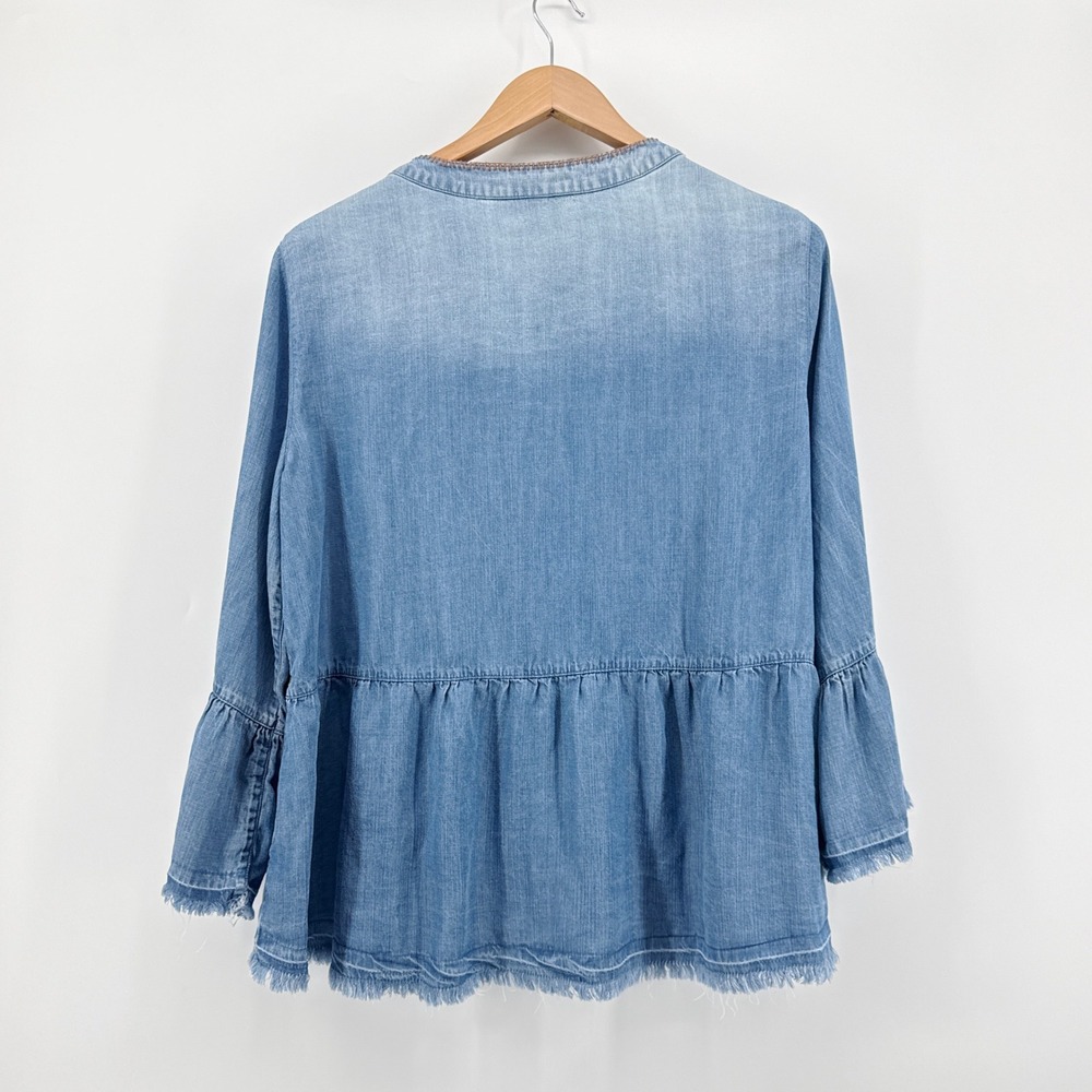 John Mark Embroidered Denim Linen‎ Top L Blue Floral Boho Bell Sleeve Fringe EUC - Picture 5 of 10